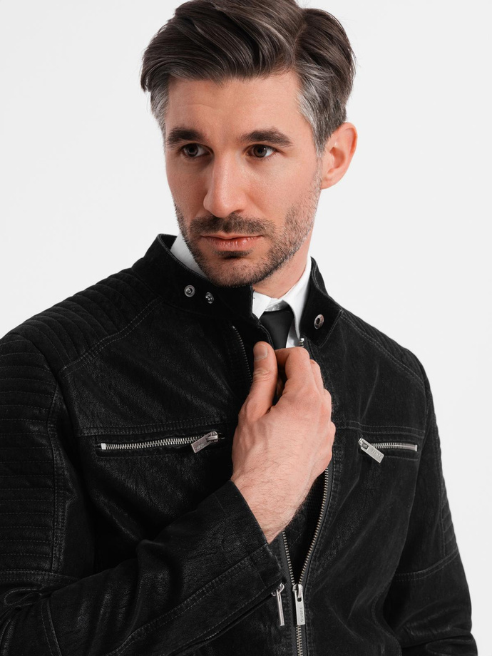 Kurtka męska biker ze stójką w stylu retro – czarna V2 OM
