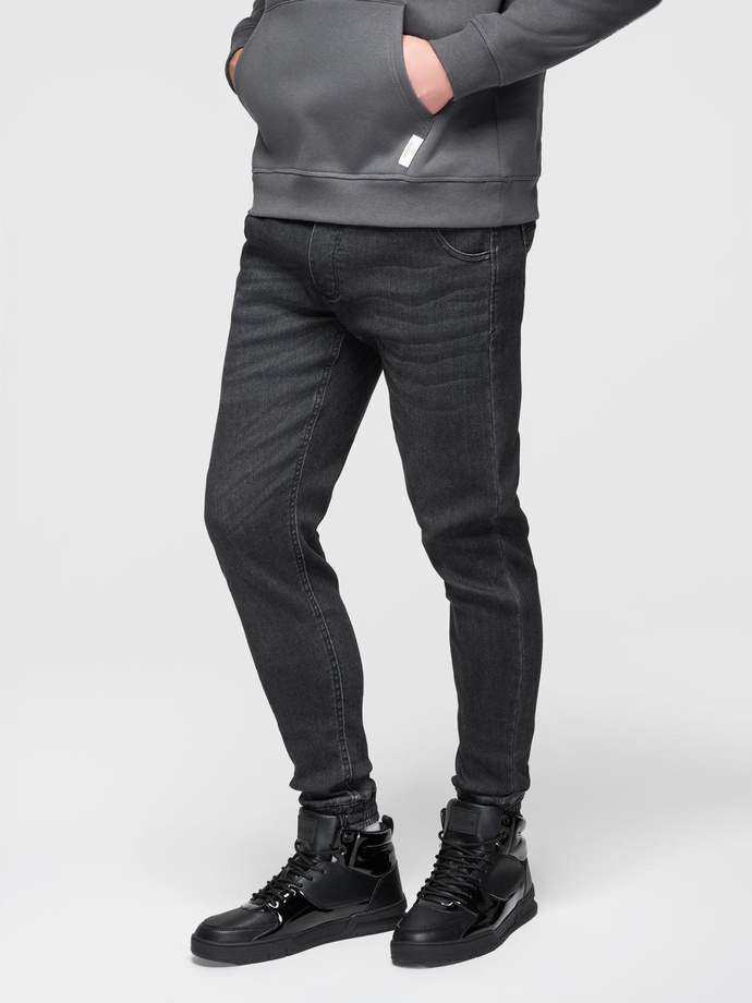 Spodnie męskie jeansowe joggery ze ściagaczem w pasie - czarne V4 OM-PADJ-0242