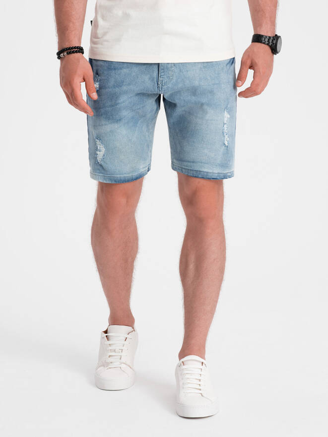 Jeansowe krótkie spodenki męskie z dziurami – jasnoniebieskie V1 OM-SRDS-0146