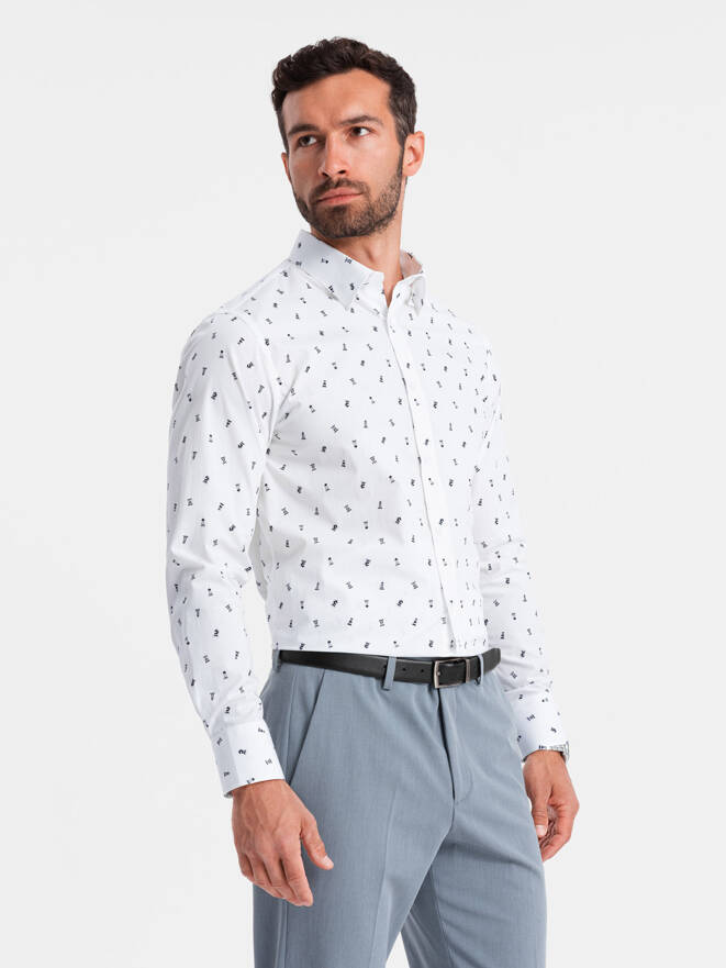 Męska koszula bawełniana we wzory SLIM FIT - biała V2 OM-SHCS-0151