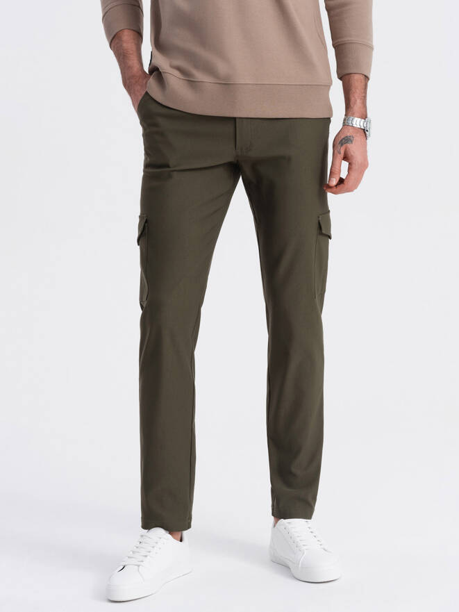 Spodnie męskie materiałowe REGULAR z kieszeniami cargo - ciemnooliwkowe V1 OM-PACG-0178