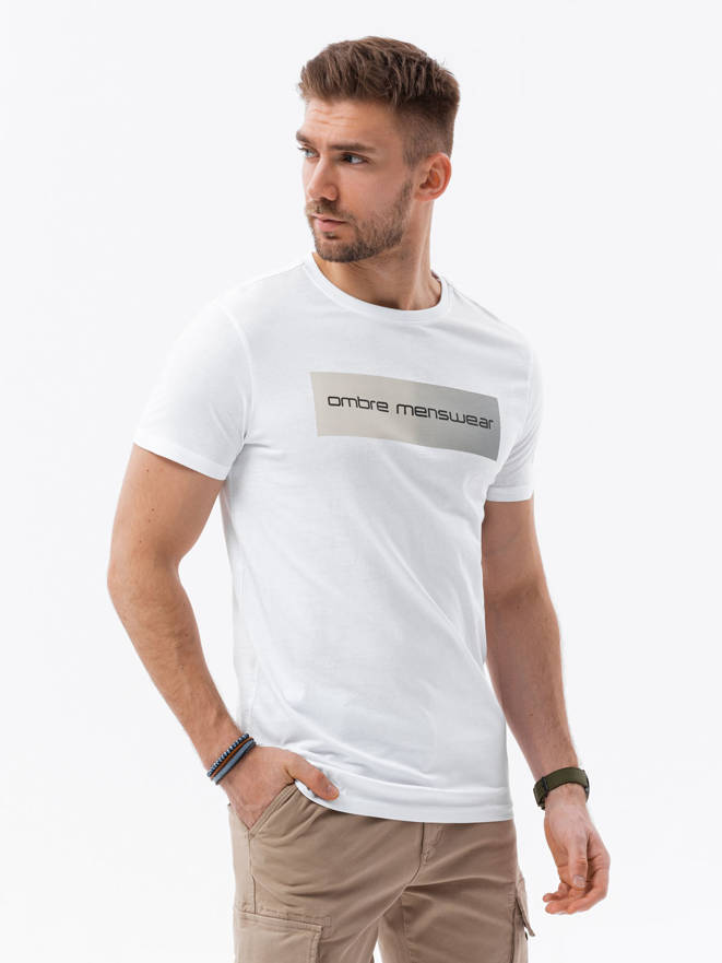 T-shirt męski bawełniany z nadrukiem - biały V2 S1751