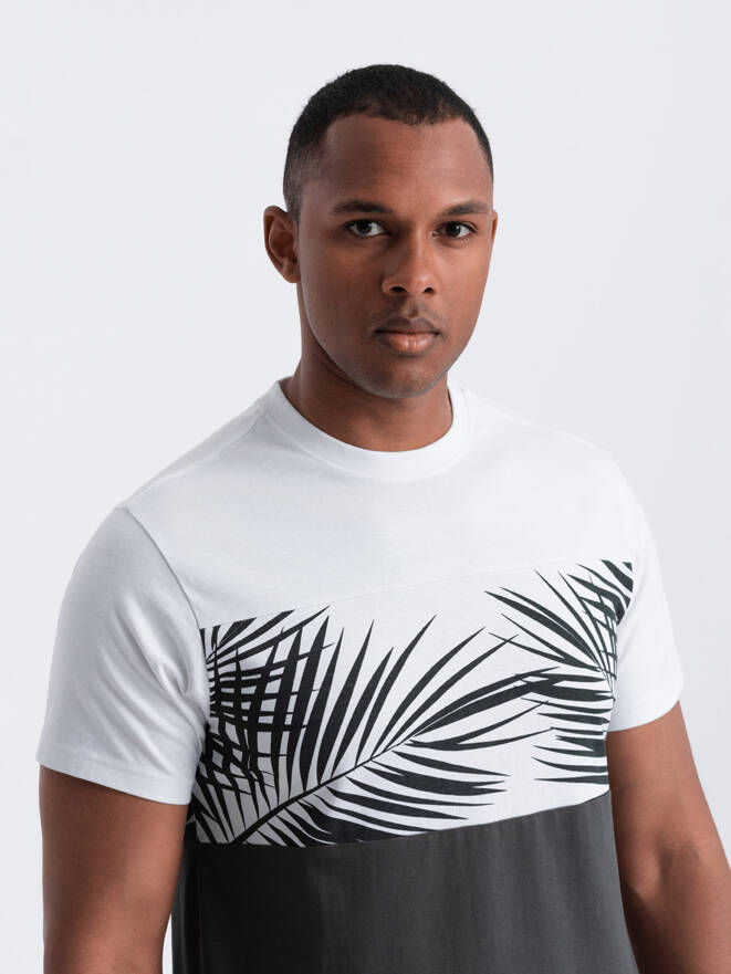 T-shirt meski dwukolorowy z nadrukiem w liście palmy - grafitowy V2 OM-TSPT-0177
