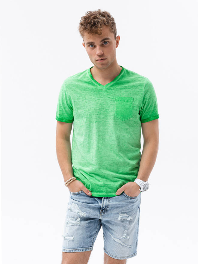 T-shirt męski z kieszonką - zielony melanż V2 S1388