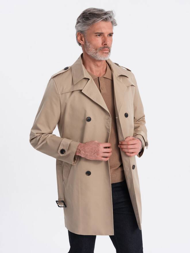 Trencz męski elegancki płaszcz SLIM FIT z paskiem - beżowy V1 OM-COSC-0111