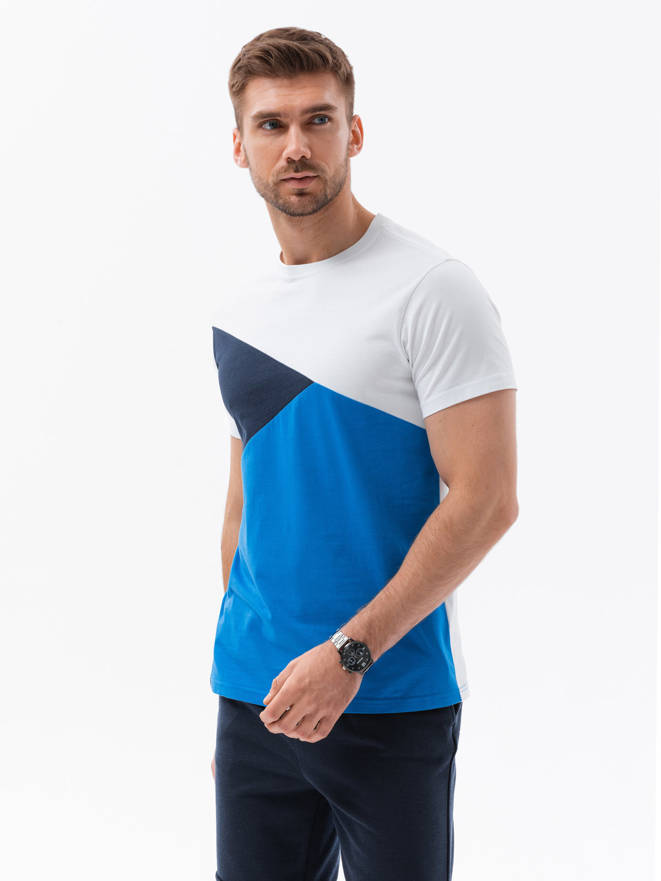Trójkolorowy t-shirt męski - niebieski V4 S1640