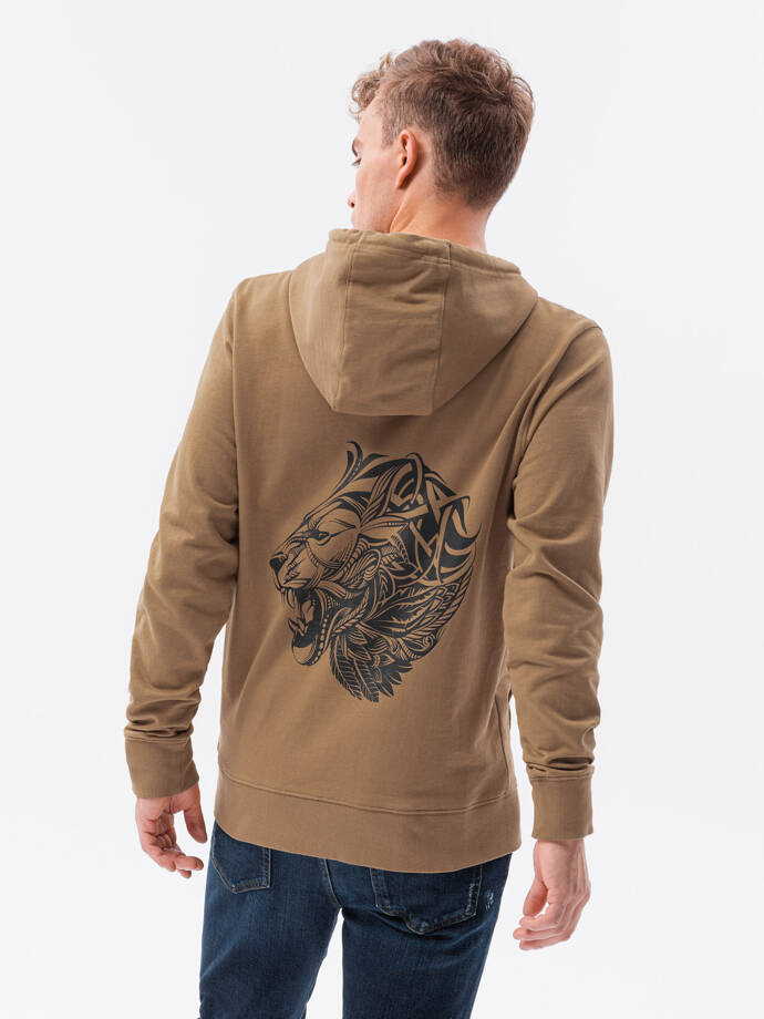 Bluza męska hoodie z nadrukiem na plecach - jasnobrązowa V2 B1357