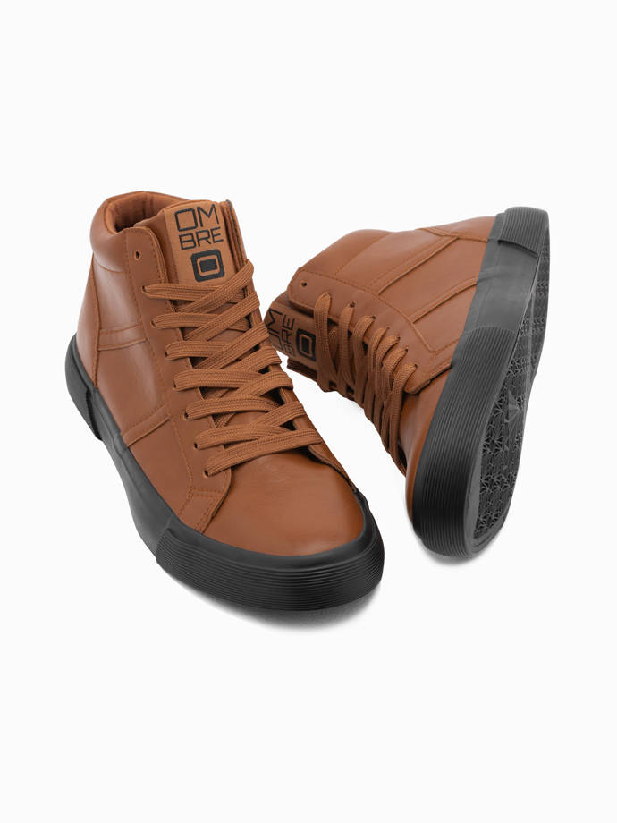 Buty męskie sneakersy za kostkę z kontrastową podeszwą - camel V5 OM-FOTH-0124