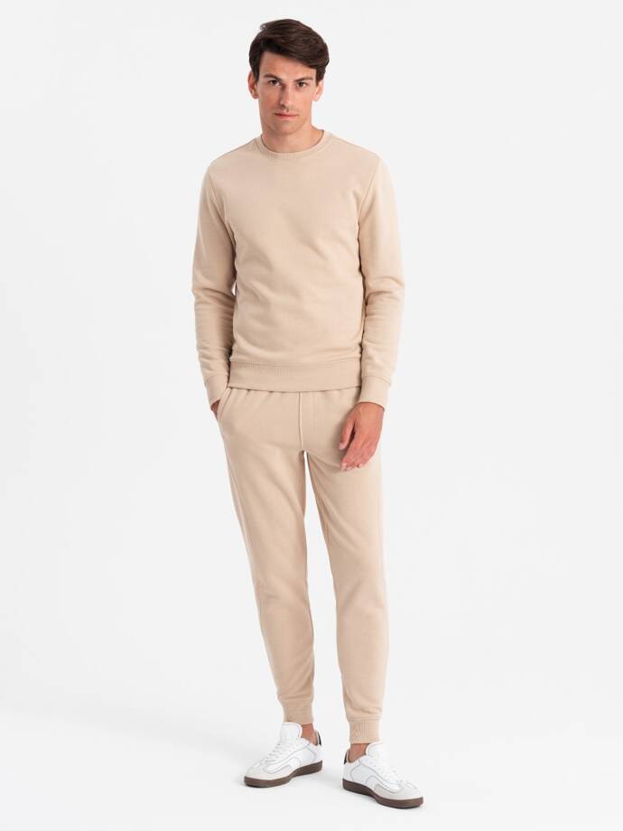 Komplet dresowy męski bawełniany BASIC bluza nierozpinana + joggery – beżowy V6 Z84