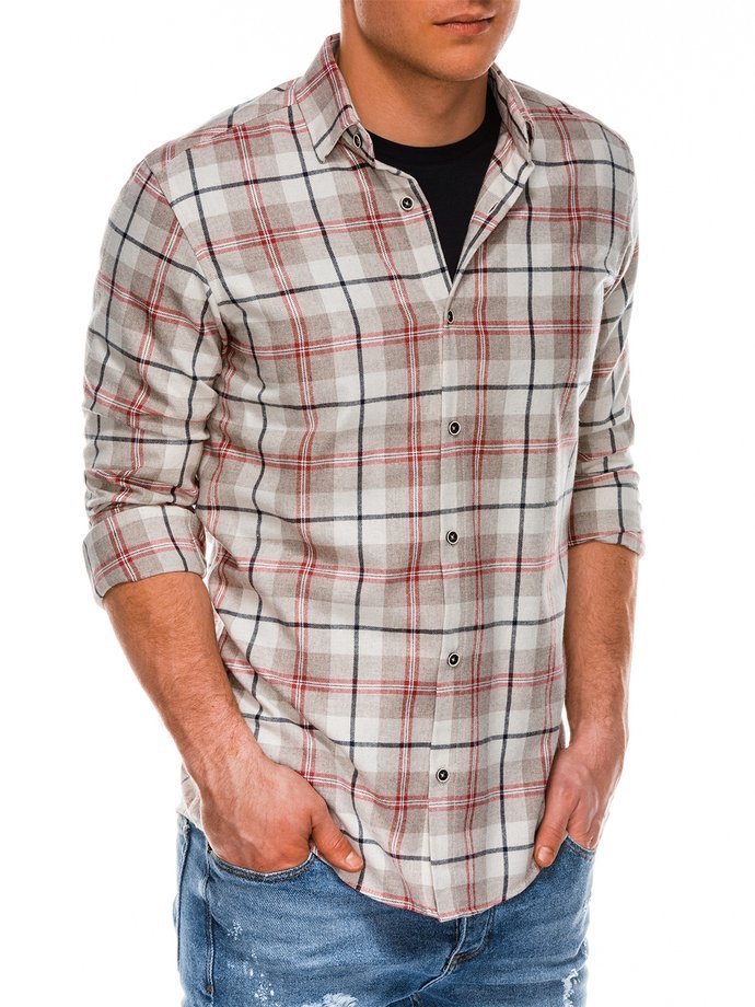 Koszula męska w kratę z długim rękawem - beżowa K511
