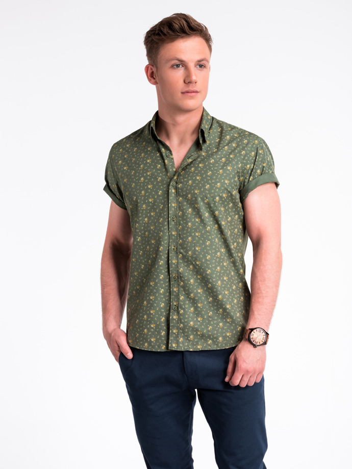 Koszula męska z krótkim rękawem K473 - zielona/beżowa