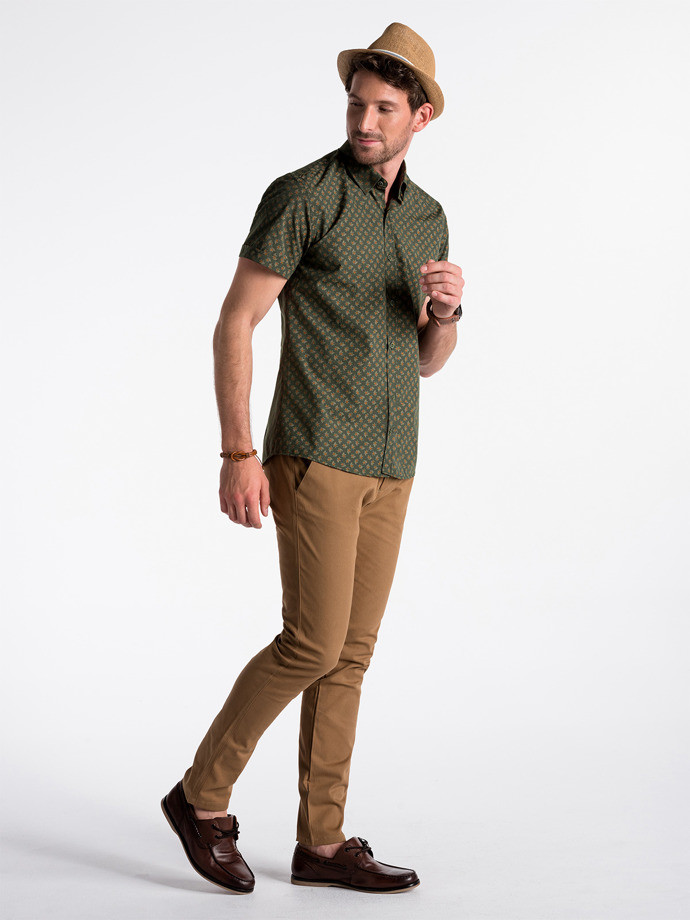 Koszula męska z krótkim rękawem K473 - zielona/brązowa