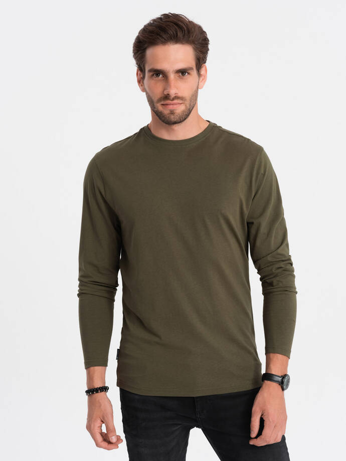 Męski longsleeve  BASIC z okrągłym dekoltem - ciemnooliwkowy V7 OM-LSBL-0106