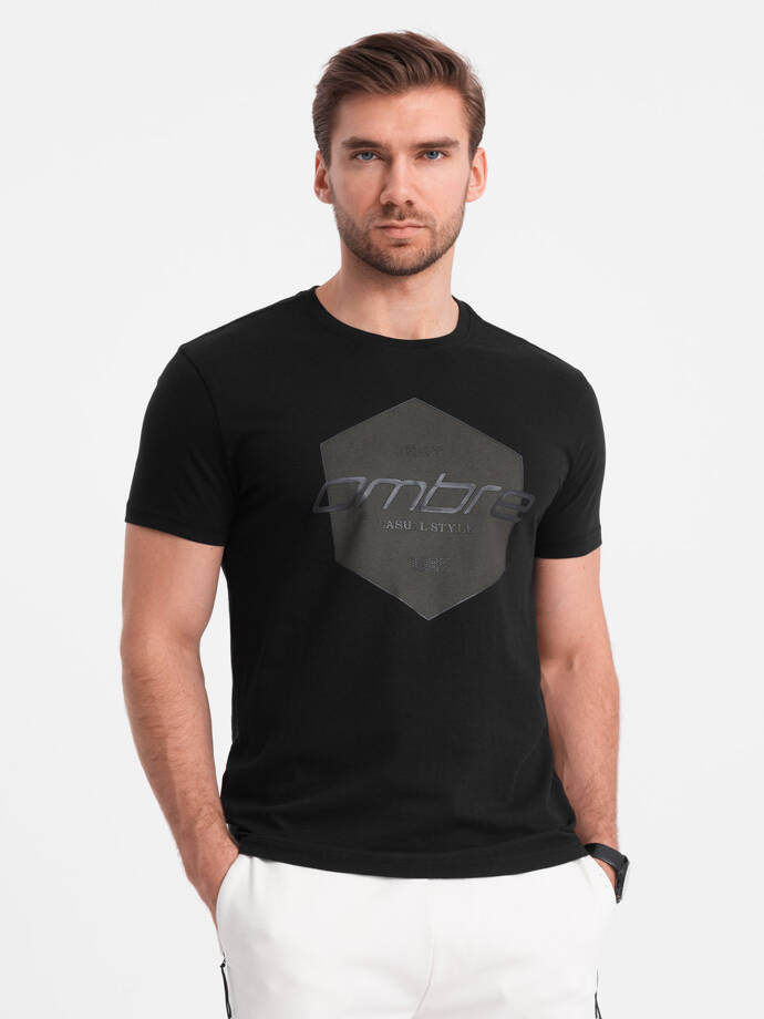 Męski t-shirt bawełniany z nadrukiem geometrycznym i logotypem - czarny V2 OM-TSPT-0141