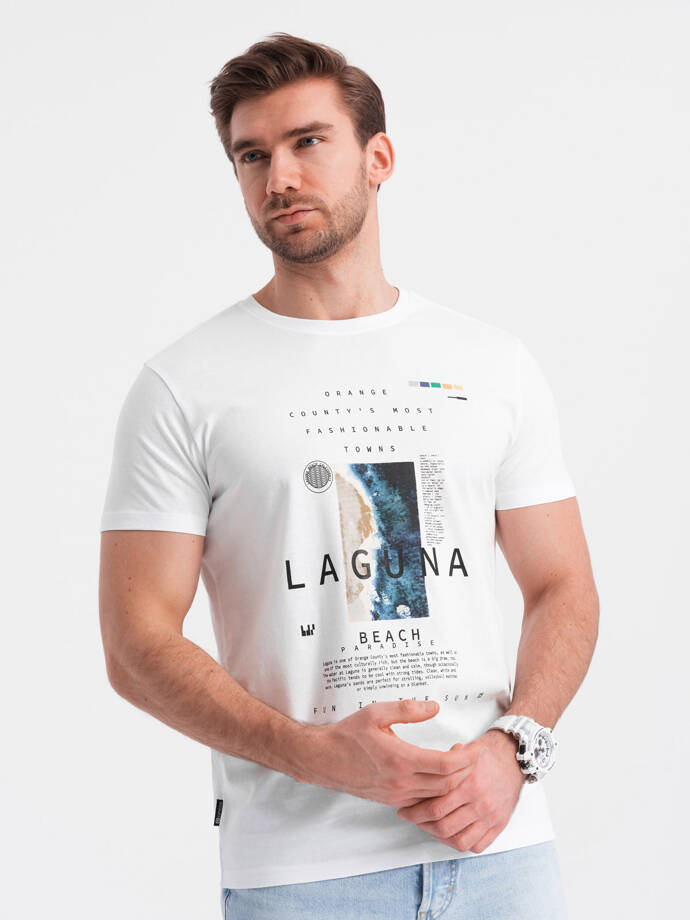 Męski t-shirt bawełniany z nadrukiem laguna - biały V1 OM-TSPT-0127