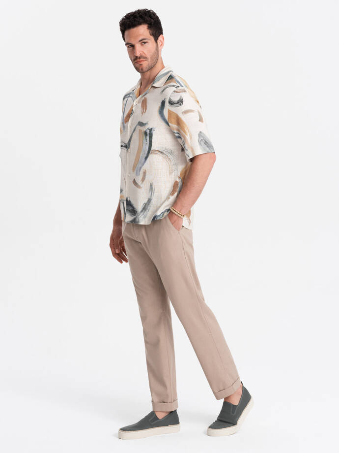 Męskie podwijane spodnie chino z dodatkiem lnu – jasnobrązowe V3 OM-PACP-0198