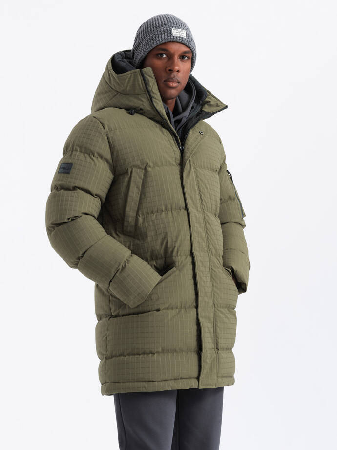 Outdoorowa długa męska kurtka parka  – oliwkowa V4 OM-JALJ-0201