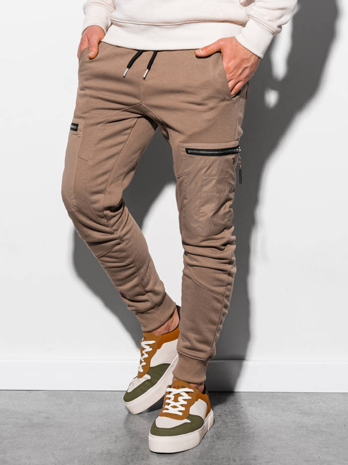 Spodnie męskie dresowe joggery P917 - brązowe