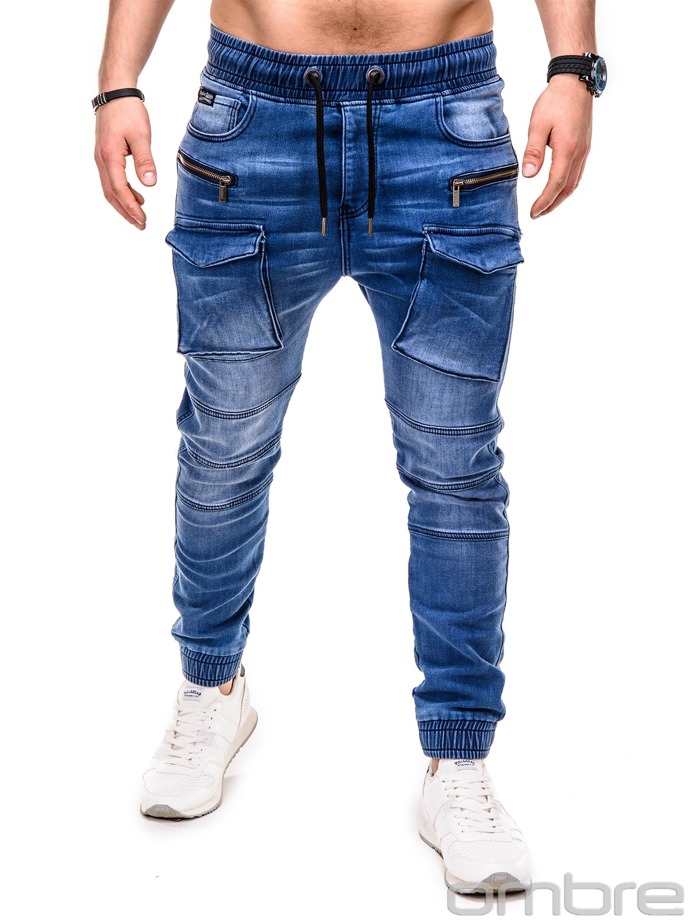Spodnie męskie jeansowe joggery P411 - niebieskie