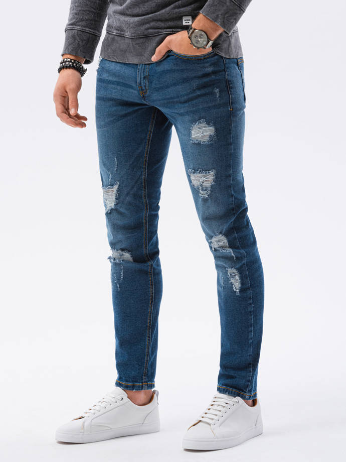 Spodnie męskie jeansowe z dziurami REGULAR FIT - niebieskie P1024
