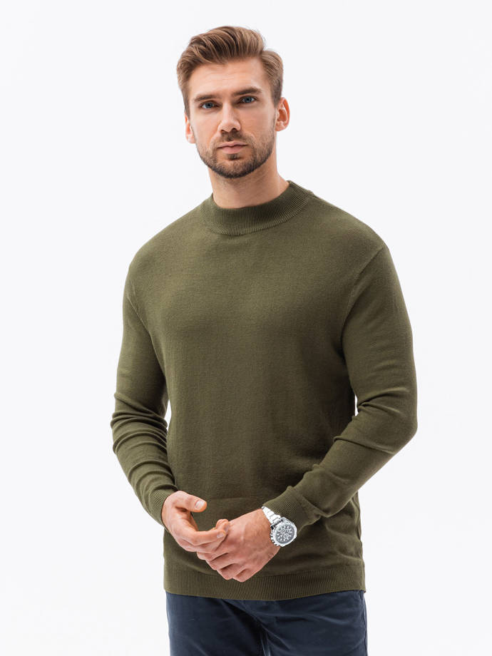 Sweter męski z półgolfem o gładkiej strukturze - oliwkowy V7 E178
