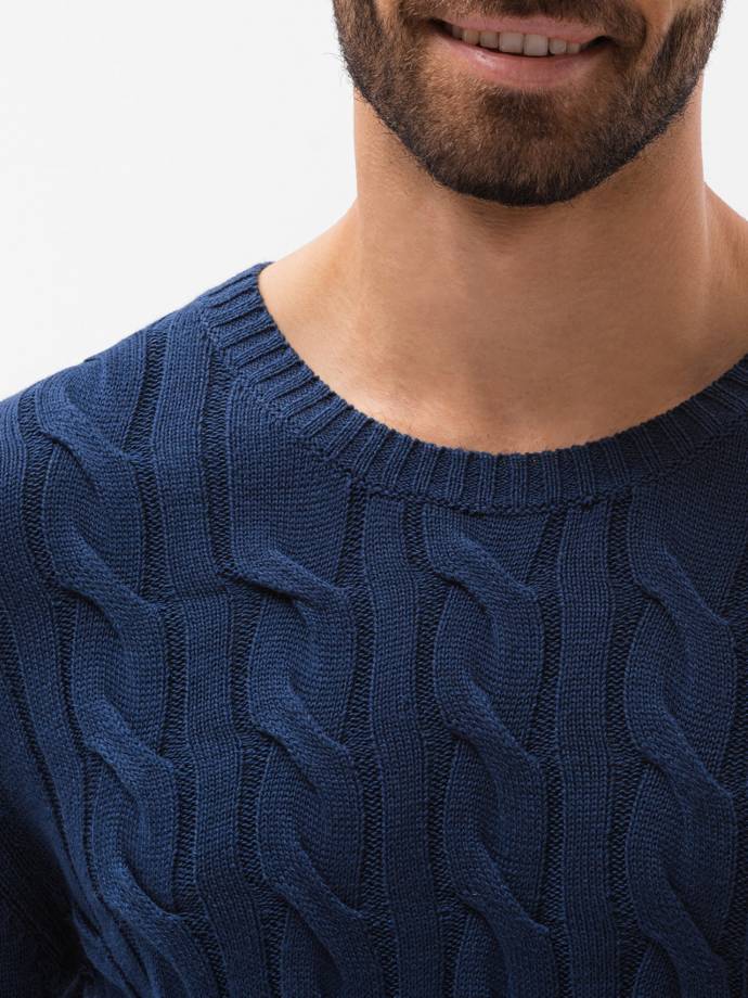 Sweter męski z warkoczowym splotem E195 - ciemnoniebieski