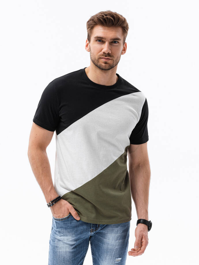 T-shirt męski bawełniany - czarny/oliwkowy S1627