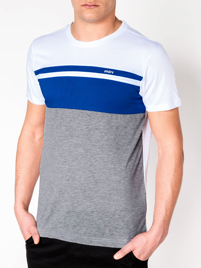 T-shirt męski bez nadruku - niebieski/szary S844