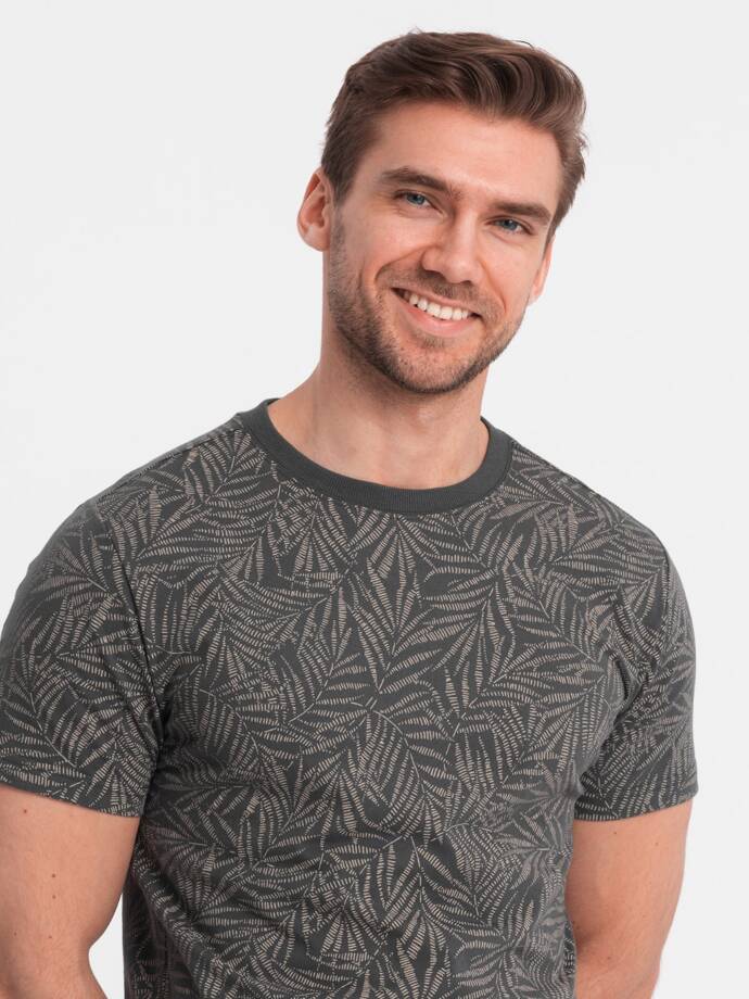 T-shirt męski fullprint w liście palmy - grafitowy V4 OM-TSFP-0182