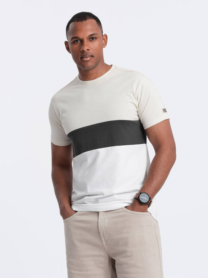 T-shirt męski trójkolorowy w szerokie pasy - kremowo-biały V2 OM-TSCT-0152