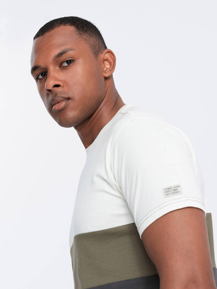 T-shirt męski trójkolorowy w szerokie pasy - kremowo-grafitowy V6 OM-TSCT-0152