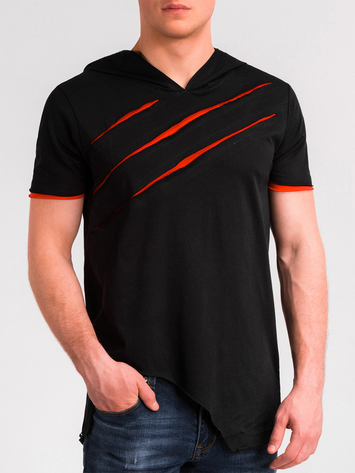 T-shirt męski z kapturem i nadrukiem S1019 - czarny