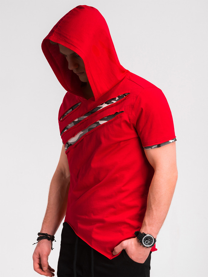 T-shirt męski z kapturem i nadrukiem - czerwony S1019