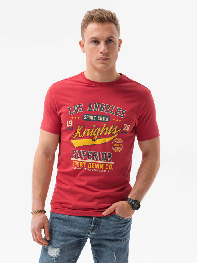 T-shirt męski z nadrukiem - czerwony V-23C S1434