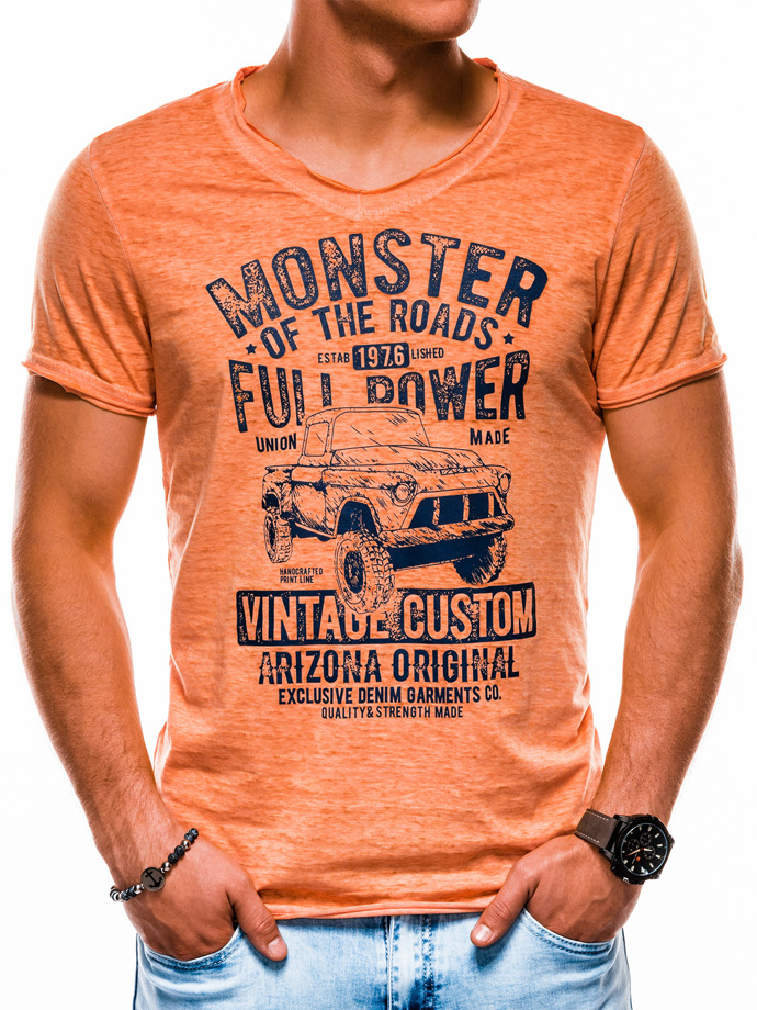 T-shirt męski z nadrukiem - pomarańczowy S1144