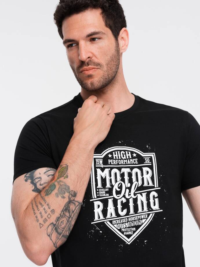 T-shirt męski z nadrukiem w stylu motocyklowym – czarny V1 OM-TSPT-0125