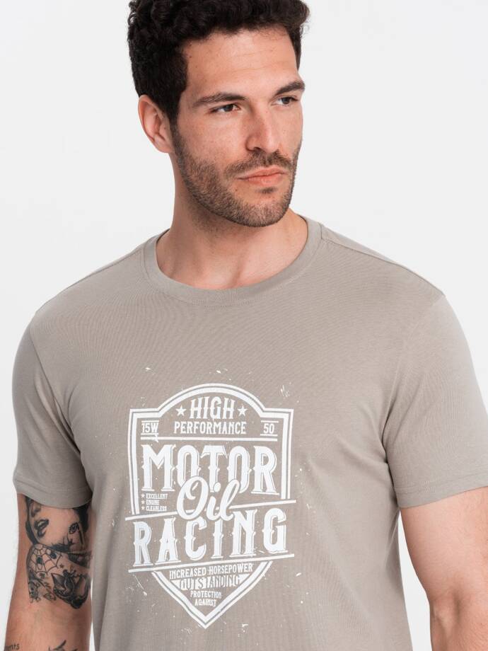 T-shirt męski z nadrukiem w stylu motocyklowym – popielaty V3 OM-TSPT-0125